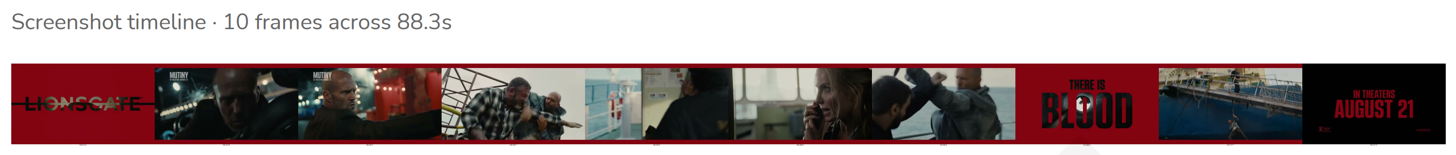 DCProof screenshot timeline: ten key frames sampled across the Mutiny trailer