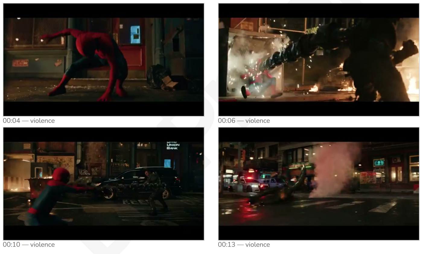 DCProof issue frames flagged for violence, each labelled with its timecode