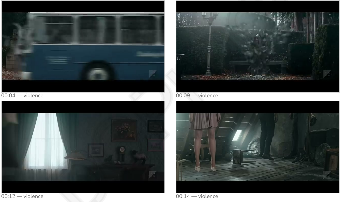DCProof issue frames flagged for violence, each labelled with its timecode